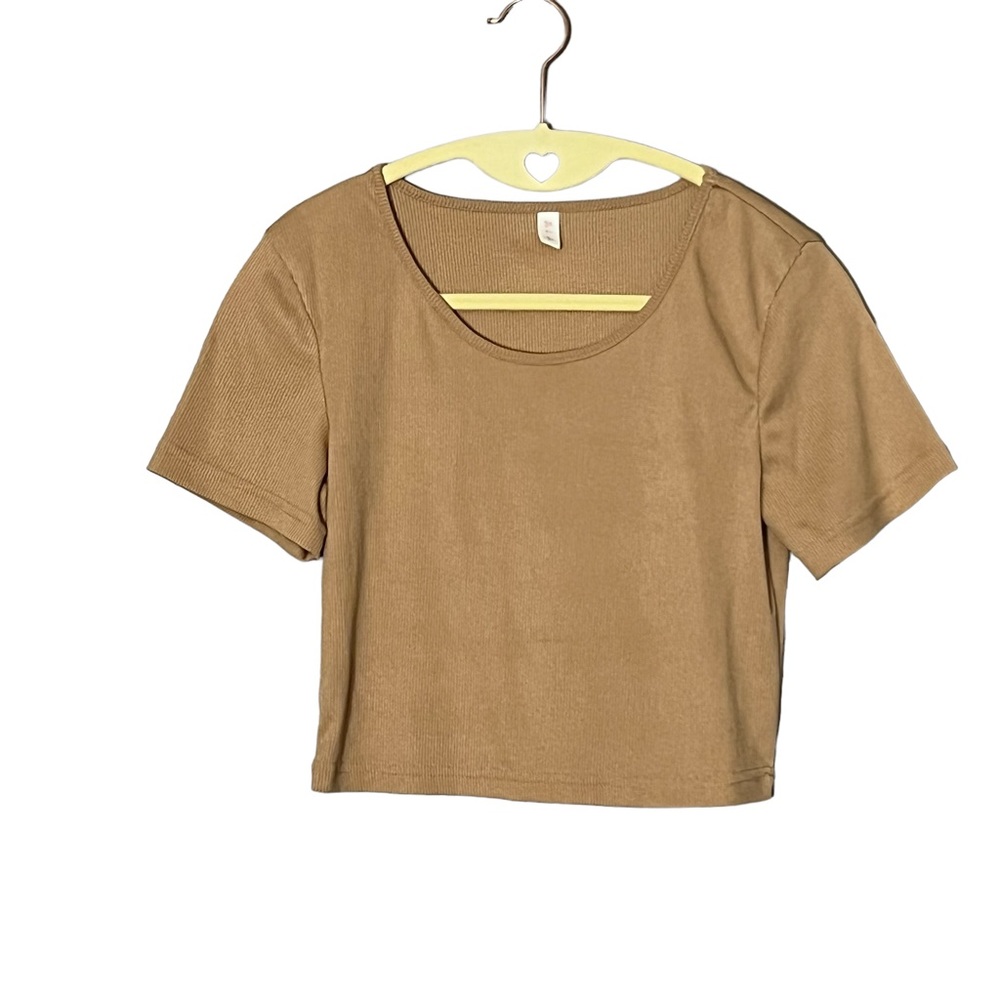 Romwe Women’s Beige Khaki Tan Ribbed Short Sleeve Crop Top Basics